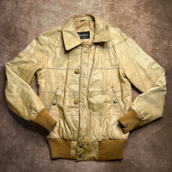 Perusal by Gruner & Company Vintage 80s Leather Bomber Jacket Distressed Tan Zip - Picture 1 of 13
